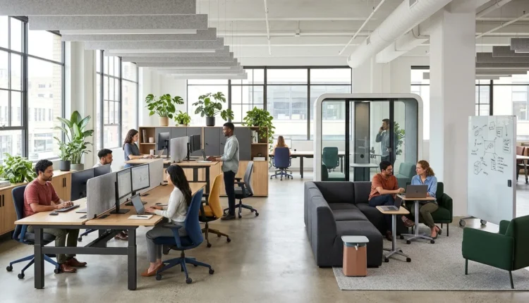 Open-plan office with sit-stand desks, ergonomic chairs, a glass phone booth, lounge sofa and indoor plants